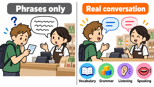 Comparison between memorized Japanese travel phrases and real conversation skills